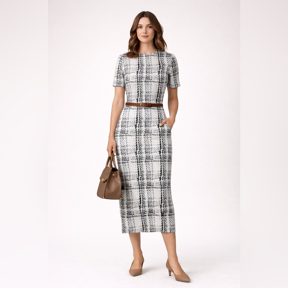 SHEIN Curve 3XL Black & White Plaid Midi Dress | Minimalist Workwear